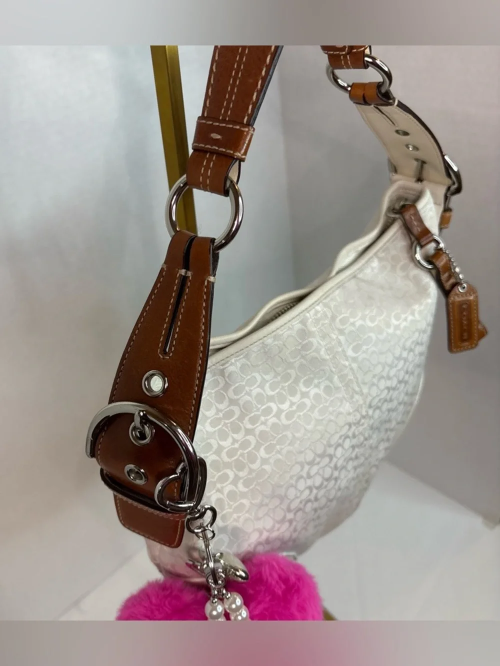 Vintage Coach Signature Soho Hobo Shoulder Bag White Jacquard Brown Leather - Picture 4 of 15
